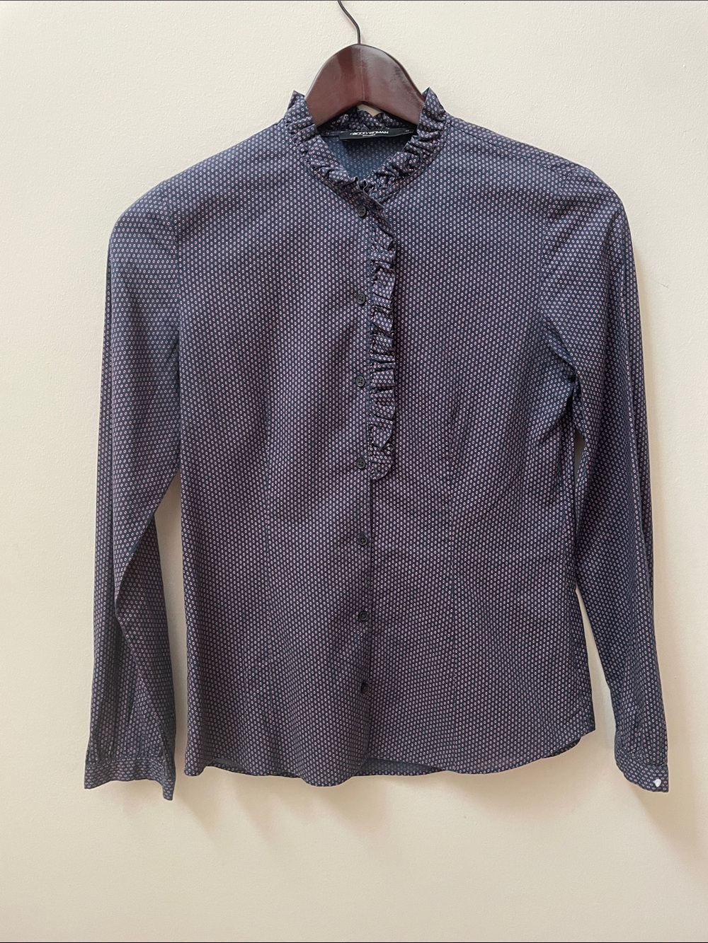 Navy Button-Up Shirt with Tiny Pink Circle Pattern with Ruffle Trim